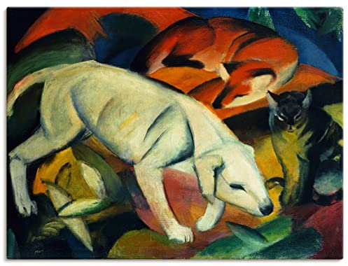 ARTLAND Wanddeko Leinwand Bilder Wandbild 80x60 cm Abstrakte Kunst Idyll Drei Tiere Hund Fuchs und Katze 1912 Expressionismus Franz Marc T6SG