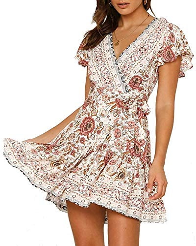 Abravo Femme Mini Robe Ete Bohème Robe de Vacances Robe de Plage Col V Florale Courte avec Ceinture,Rose,XL=EU40-42