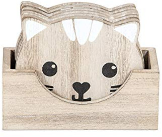 SPOTTED DOG GIFT COMPANY - Set di 6 sottobicchieri a forma di gatto - decorazione per la casa - idee regalo per amanti dei gatti - in legno - naturale