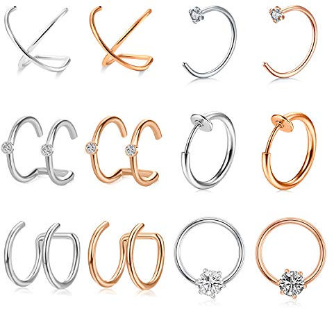 Chirurgenstahl Non-Pierced Ear Cuff Schmuck für Damen Herren Fake Nasenpiercing Helix Knorpel Ohr Piercing 6 Paare - Silber&Rose gold