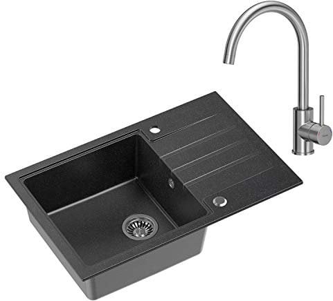 VBChome Spüle mit Armatur 78 x 50 cm Tiefes Becken 20cm Schwarz Küche Große Abtropfflache Einbauspüle Unterschränke ab 55 cm Verbundspüle Küchenspüle Einzelbecken + Siphon Wasserhahn Inox Edelstahl