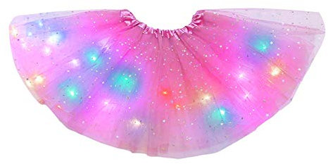Hifot Tutu Jupe LED Lumineuse Fille, Jupe Danse de Ballet de Paillettes étoiles Tulle Fille,Jupe Halloween Fille Princess - Rose - Taille Unique