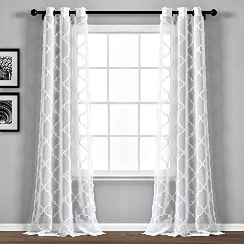 Lush Decor Avon Trellis Grommet Sheer Window Curtain Panels Pair 38 W x 95 L White - Sheer Curtains for Living Room - Modern Farmhouse Bedroom Curtains