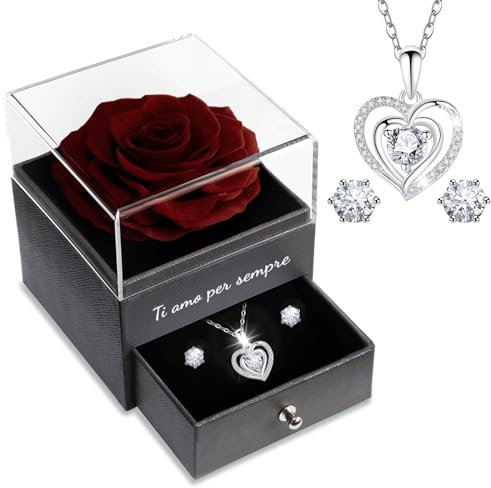 Sunia Rosa Stabilizzata Regalo Donna, Rosa Eterna con Collana Argento 925 Donna con cuore e Orecchini, Ti Amo per Sempre, Regalo Mamma Nonna Fidanzata Compleanno Natale San Valentino Anniversario