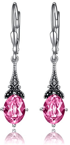 Vintage Leverback Earrings for Women Sterling Silver Retro Drop Dangle Earrings Oval Birthstone Crystal Art Nouveau Style Jewelry for Women