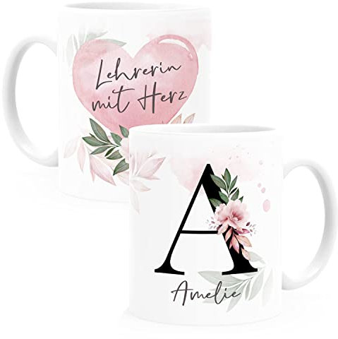 SpecialMe® Kaffee-Tasse mit Name und Spruch mit Herz Initiale Monogramm Dankeschön personalisierte Geschenke Lehrerin weiß Keramik-Tasse