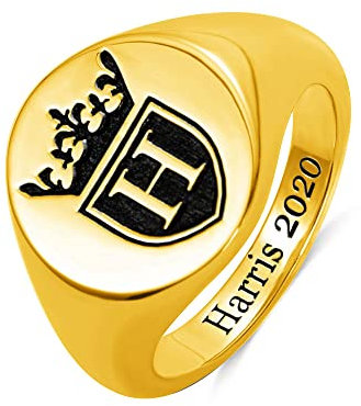 Getname Necklace Personalised Initial Engraved Signet Ring with a Crown for Man Customised Letter 925 Sterling Silver Custom Inside Engraving Rings Gift Men, Yellow, Platinum, Gold, Silver, Rose