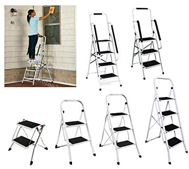 Klappleiter, Stufenleiter 3 Stufen, Haushaltsleiter, leichte Trittleiter Belastbar bis 150kg, Metall Stabile Leiter mit Extra Breite Anti-Rutsch Stufen, Braucht wenig Platz