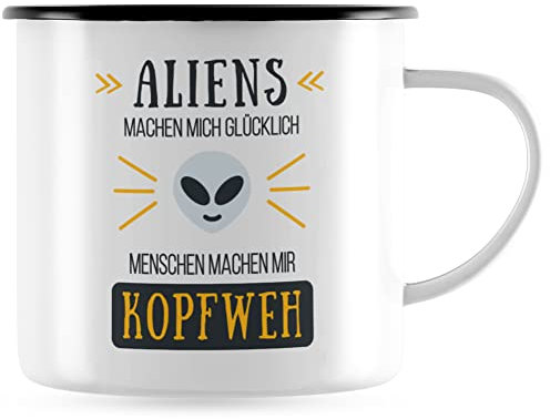 JUNIWORDS Emaille-Tasse, Aliens machen Mich glücklich Menschen machen Mir Kopfweh, Schwarzer Tassenrand