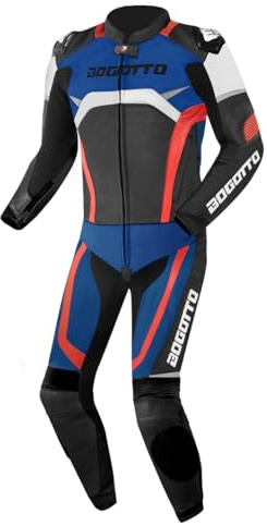 Bogotto Misano Tuta in pelle per moto a due pezzi, nero/bianco/rosso/blu, 52