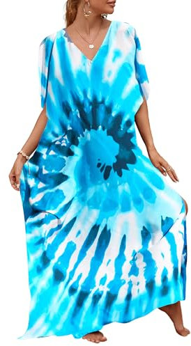 Bsubseach Lose Kaftan Kleider für Frauen Kurzarm Badeanzug Cover Up Casual Urlaub Outfits Bunt Blaue Wirbel