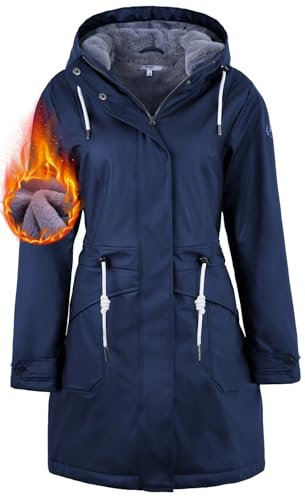 rhythm of the rain Regenjacke Damen mit Warm gefüttert Winterjacke Damen wasserdicht PU Regenmantel Friesennerz übergangsjacke mit Kapuze Navy 38