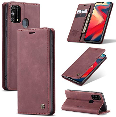 CaseMe Hülle für Samsung Galaxy M31 Vintage Dünne Handyhülle mit Kartenfach Geld Slot Ständer PU Ledertasche Flip Schutzhülle für Samsung Galaxy M31- Rot