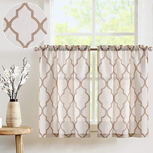 TOPICK Scheibengardine Sheer Vorhang Bistrogardine Leinen Halb Transparent Gardine Gaze Paarig Schals Scheibengardinen Fensterschal für Küche Wohnzimmer Landhaus 2er-Set 65B x 60H (CM) Braun auf Beige