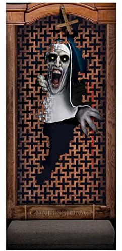 FIESTAS GUIRCA | Beichtstuhl Horror Türposter aus Stoff (80x180 cm) - Gruselige Halloween Tür und Wand Deko für Partys oder im Spukhaus - Horror Nonne Poster Halloween Dekoration