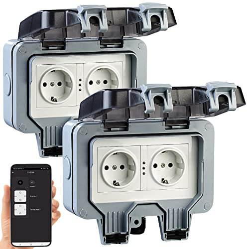 Luminea Home Control WLAN Steckdose Outdoor: 2er-Set Outdoor-WLAN-Doppelsteckdosen, Sprachbefehl, Strommessung, App (Zeitschaltuhr Steckdosen WLAN, Stromverbrauchs-Zähler-Steckdosen)