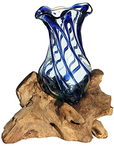 Wogeka - Glas Vase Venezia auf Wurzel-Holz - im modernen Style als Geschenk-Idee zu Weihnachten Geburtstag zur Dekoration (Blau)