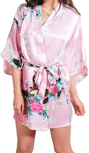 Prohonbec Damen Satin Kimono Morgenmantel mit Gürtel, Pfau und Blumen Muster, V-Ausschnitt Bademantel Kurz Robe Braut Bademantel Nachtwäsche für Tägliche Kleidung, Spa, Brautparty, Rosa