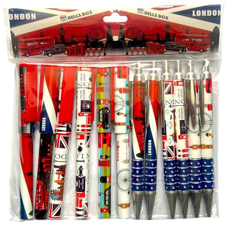 Pens Set of 12 Famous London Icons Pictures Design UK London British Souvenir Union Jack Collectable Gift