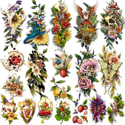 Acevegue 34 Blätter Temporäre Tattoos Set, 10 Blätter Große Realistische Blume Skelett Fake Tatooos zum Aufkleben, 24 Blätter Bunte Klein Früchte Wild Blume Klebetattoos Erwachsene Frauen
