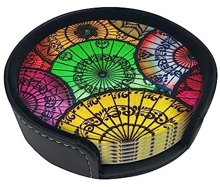 Bunte asiatische Regenschirme mit gemusterten Leder-Untersetzern, 6er-Set mit Halter für Damen und Herren, für verschiedene Tassen, Tische und Heimdekoration, 10,2 cm