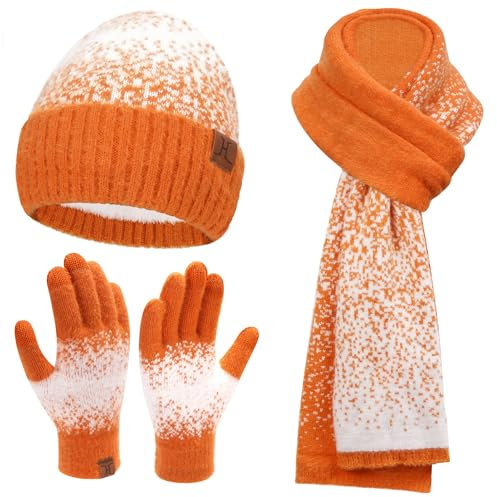 Damen Winter Warm Mütze Touchscreen Handschuhe und Lang Schal Set mit Fleece Gefütterte, Thermo Wintermütze Strickmütze Beanie Winterhandschuhe Strickhandschuhe Schals, Orange Weiß