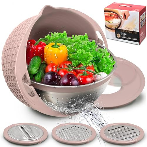 4-1 Colander with Mixing Bowl Set, 2024 New Food Strainers and Colanders Set for Kitchen, Pasta Rice Strainer, Fruit and Veggie Washer, Salad Spinner, Kitchen Essentials Strainer Basket Bowl, Pink