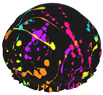 Glow In Dark Splatter Neon Shower Cap,Nightcap Double Layer Waterproof Elastic Bath Cap Reusable Bathing Hair Cap