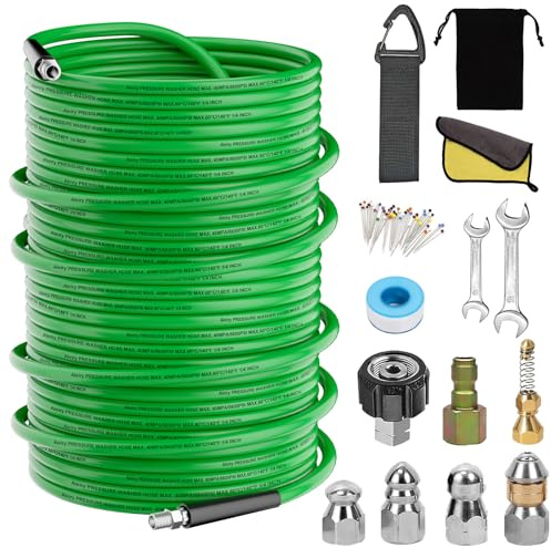 Aleiry Sewer Jetter Kit, Pressure Washer Accessories, High-Pressure Nozzles, 5800 PSI, 200 FT, Polyvinyl Chloride, Green, Includes Wrenches, Waterproof Tape, and Pearl Brooches