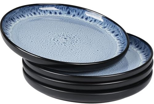 Greentainer Assiettes en grès bleu océan – Lot de 4 assiettes faites à la main, passent au micro-ondes et au lave-vaisselle, résistantes aux rayures, 26,7 cm