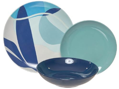 VAJILLA PORCELANA GRES MORDERNA CALIDAD 6 PERSONAS (18 PIEZAS) AZUL BLANCO