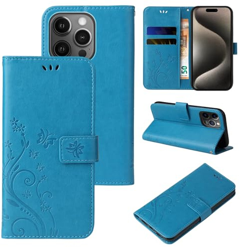 LBH Handy Hülle für Apple iPhone 15 Pro Case Handytasche Schmetterling Blumen Flower Standfunktion Schutzhülle Magnet Rundum Schutz 360 Grad Flipcase Cover Blau