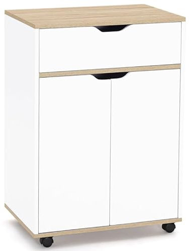 IDMarket - Desserte de cuisine COSY placard avec tiroir bois blanc et plateaux façon hêtre L.60 CM