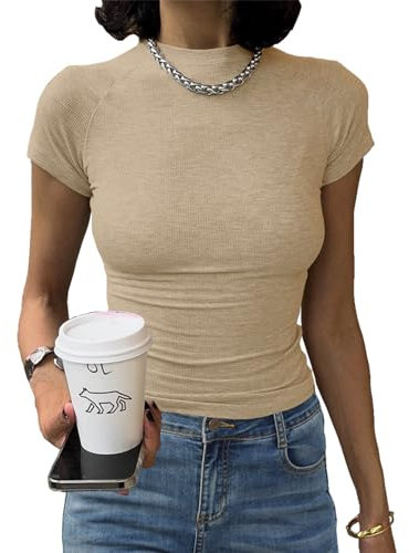 Abardsion Women's Casual Basic Knit Ribbed Tees 2024 Slim Raglan Sleeve Crewneck T Shirts Tops, Khaki, M