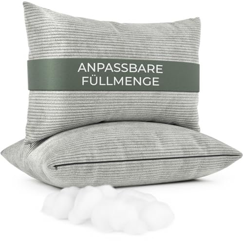 WELL B4 Sofakissen mit Füllung und Bezug 2er Set Cord Couchkissen groß 40x60 cm mit regulierbarer Dicke, Zierkissen Kord Bezug, Dekokissen für Sofa und Couch, hellgrau, Kordsamt Kissenbezug