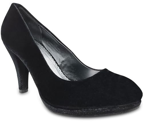 Womens Black Court Shoes Block Mid Heel Platform Smart Closed Toe Ladies Heels Pumps (Black Velvet, Size 4)