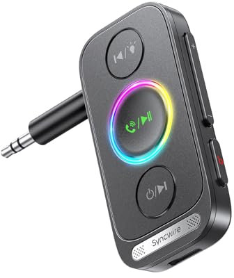 Syncwire Bluetooth 5.4 Aux-Adapter fürs Auto 3,5mm-Aux-Empfänger, Audioempfänger für Stereoanlage zu Hause, Kopfhörer, Freisprechfunktion, 22-Stunden-Akku, Tiefer Bass, buntes Licht, Schwarz