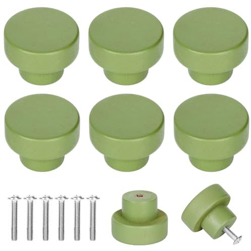 JarThenaAMCS 6Pcs Sage Green Wood Knobs with Screws Green Decorative Dresser Knobs Natural Wooden Furniture Knobs for Nursery Drawer Handles Room Cabinet Pulls Decor