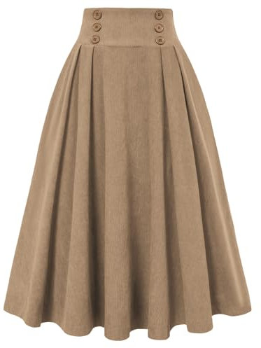 Belle Poque Cordrock für Damen Hohe Taille Midi Rock Vintage A-Linie Faltenröcke mit Taschen Beige L