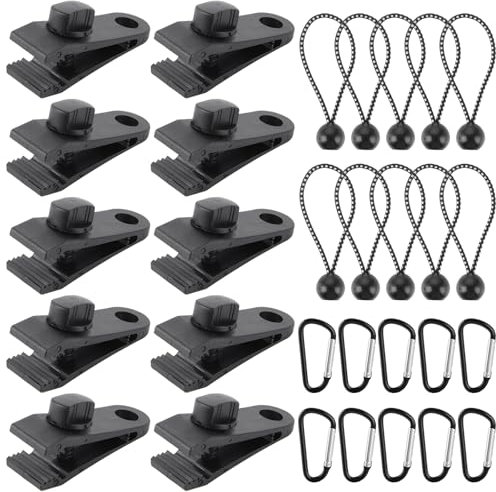 VIDETOL 60 Stück Tarp Clips Set, 20 Planenclips + 20 Spanngummis+ 20 Nylon Zelt Bungees Schnüre, Schwarz Planenbefestigung, Zeltplane Clips für Boots, Markisen, Camping Im Freien, Wohnwagen