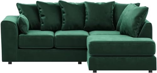 Plush Velvet Upholstered Corner Chaise Sofa Bed - Relaxing Curved Arm L Shaped Sofa - 3 Seater for Living Room (Green, Right Hand Corner)