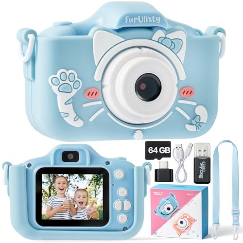 Kinderkamera Bildschirm Selfie Digitalkamera Kinder - 64MP Display Digitalkamera Kinder, 1080P HD Anti-Drop Fotoapparat Kinder mit 64GB Karte für 3-12 Jahre Spielzeug (Cyan Kitten)