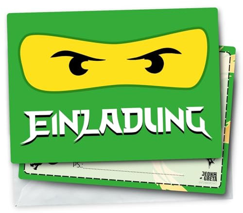 Generisch 12x EINLADUNGSKARTEN inkl. passender Umschläge für Kindergeburtstag & Co. - Karten Set mit grünem NINJA - Lloyd Motiv - Cartoon-Thema