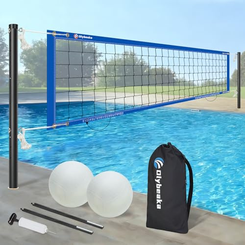Olybeaka Inground Pool Volleyball Net Set with Max 26 FT Adjustable Length, 3 Heights Adjustable Outdoor Volleyball Set for Pool with 2 Volleyballs and Carry Bag (Blue)