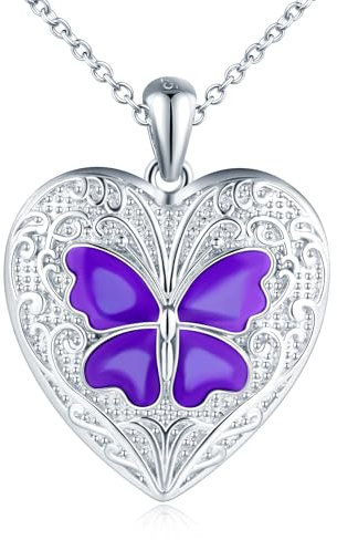 Cuore Portafoto Medaglione Collana Argento 925 Donna: Animale Farfalla Collana di Foto Carino-Ciondolo Portafoto Collane Amuleto Gioielli-Compleanno Anniversario Natale Regali per Lei Viola