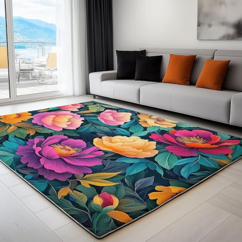 Teppich Wohnzimmer Blumen Pfingstrose Rose Mustern 120 x 180 cm - Kurzflor Teppich Schlafzimmer Pflegeleicht und Extra Weich für Küche Esszimmer Kinderzimmer Rechteckig Bunt