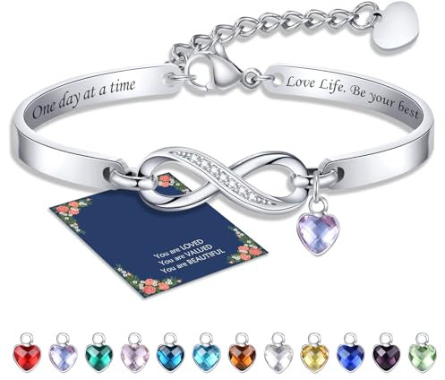 Personalisierte Unendlichkeitszeichen Armband mit Geburtsstein Damen – Silber Infinity Armreif Armbänder mit Gravur für Frauen Mädchen Freundin Geschenke für Valentinstag Jahrestag Geburtstage