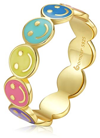 Ring Ornamente, 925 Sterling Silber Damen-Smiley-Ring Glückssymbol Stapelbarer Damenring mit Emoji-Gliederband
