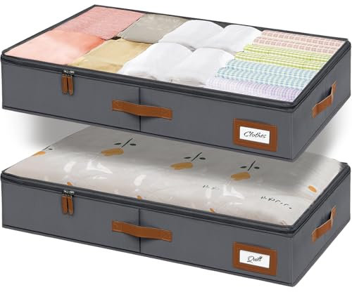 VERONLY Under Bed Storage Bag- Hard Shell 55L Underbed Drawers Organiser with 2 Zips & Clear Window, 2Pack Oxford Wardrobe Closet Storage Box for Clothes, Duvets, Blankets, Bedding (Dark Grey)