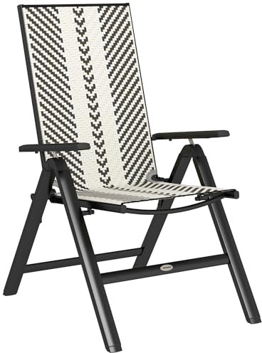 Outsunny Rattan Folding Chair Outdoor, 5-Position Adjustable Wicker Garden Dining Chair with High Backrest, Wide Armrest, for Patio, Terrace, Balcony, Black